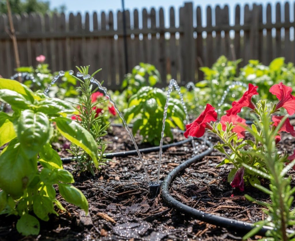 Garden with basil, rosemary, and red flowers in front of a wooden fence.