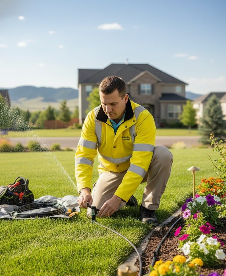 Man in yellow jacket fixing irrigation system in front of a home.